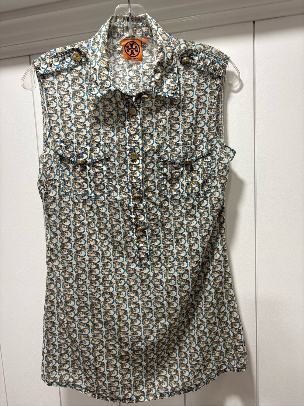 Tory Burch  Sleeveless Elephant Patterned Blouse Shirt Gold Buttons Size 4